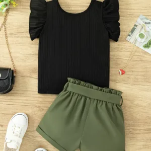 Solid Flutter Trim T-Shirt Top + Shorts With Bow Belt