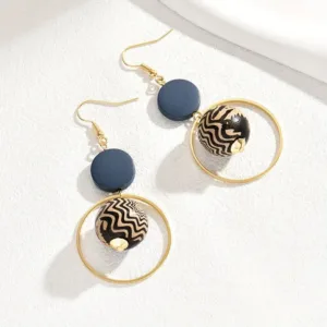 Hollow Circle Wooden Bead Decor Dangle Earrings