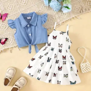 Sweet Girl Baby Dress Set with Western Print Butterfly Cake Skirt