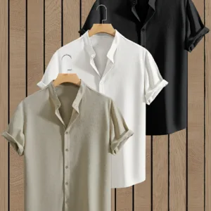 3pcs set of Men's summer plain short-sleeved stand-up collar shirts