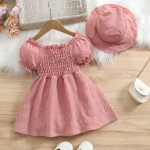 New Summer Bubble Sleeve Plain Color Dress with Cute Hat